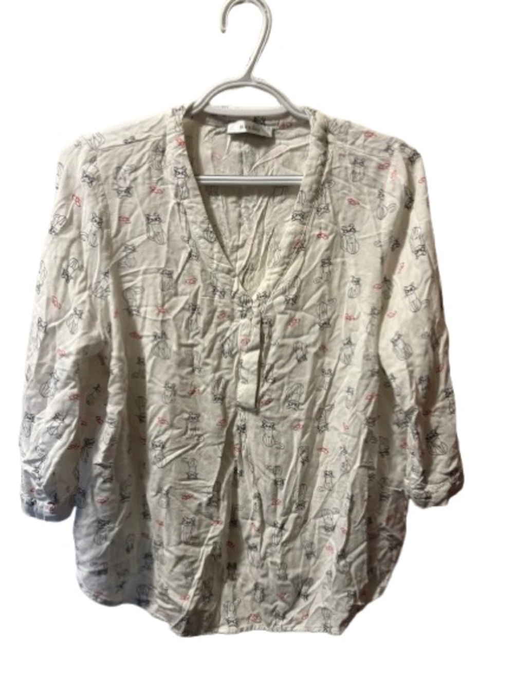 Novelty Cat Sketch Print Split-Neck Blouse XL | 100% Rayon Lightweight Top